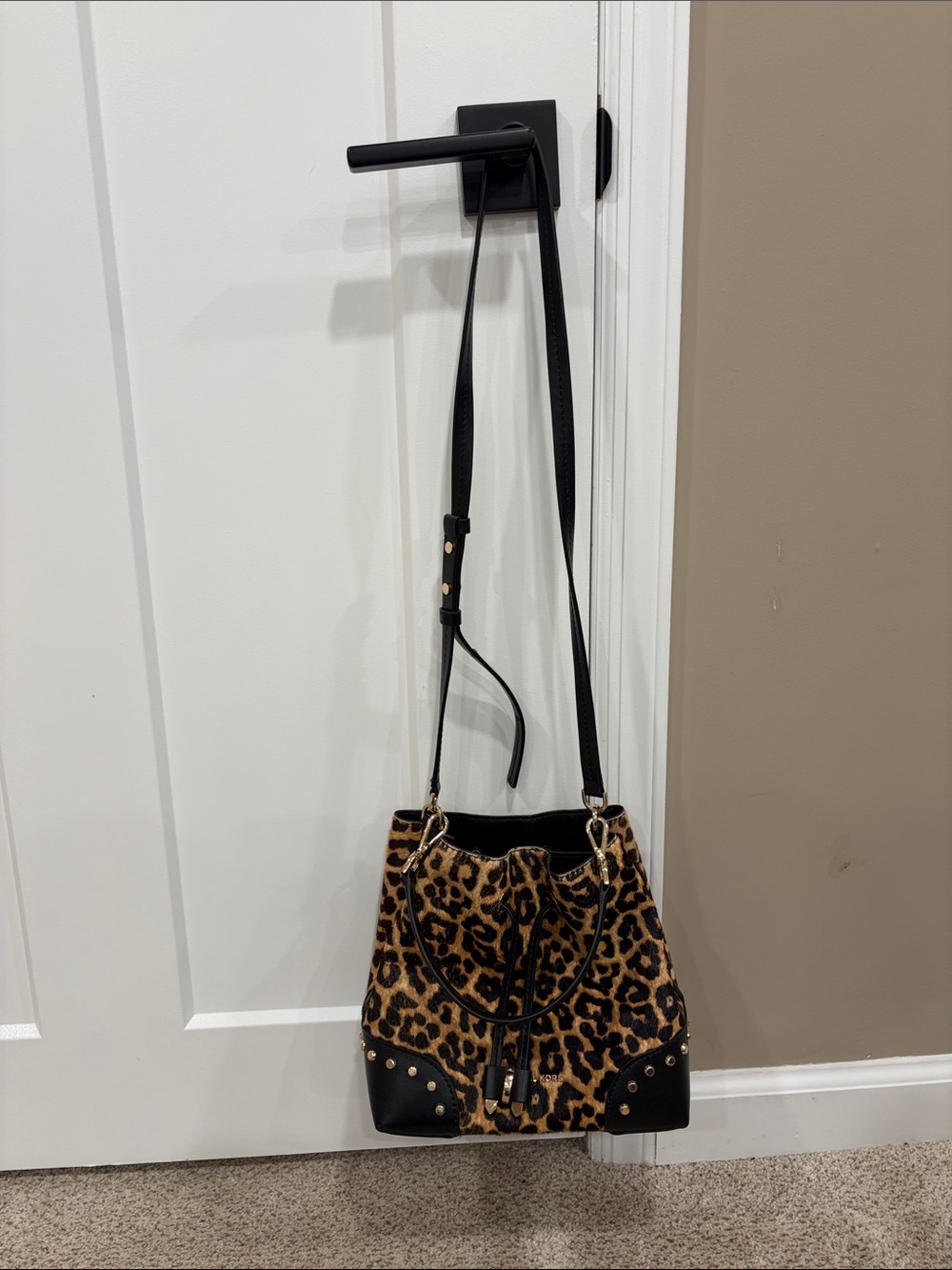 Michael Kors Leopard Print Drawstring Bucket Bag with sm wristlet